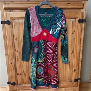 Desigual Tibet Dress Fit & Flare Embroidered Long Sleeve Midi V Neck Stretch Med